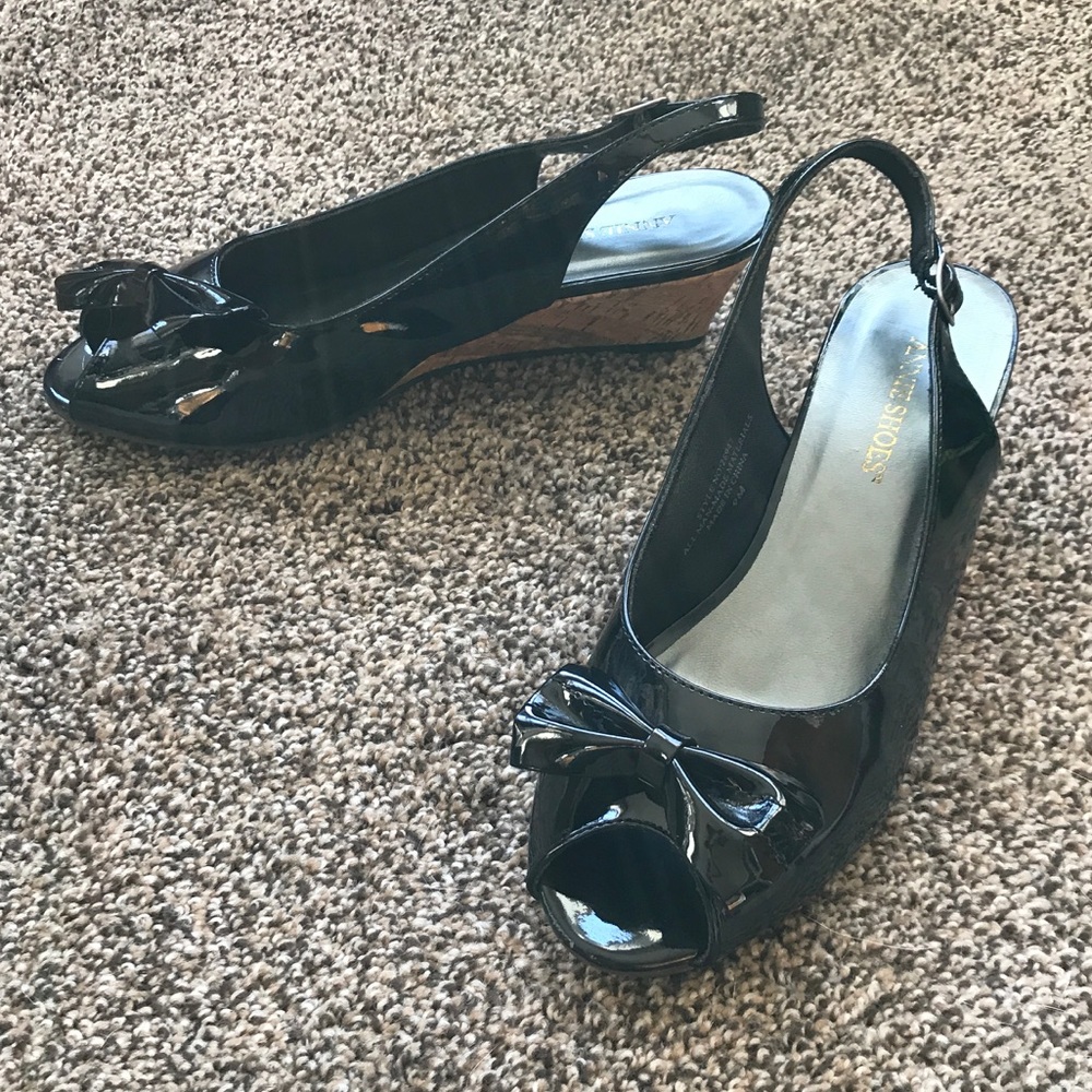 Annie Shoes wedge heels, black patent, vegan